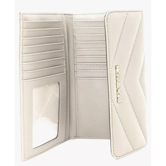 Michael Kors Jet Set Travel Large Trifold Wallet Quilted Stripe Light Cream/Gold - Picture 5 of 9